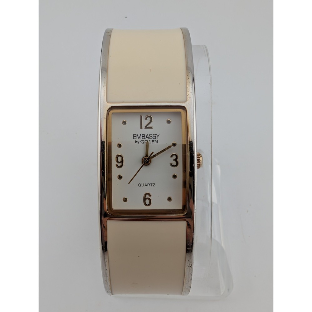 Embassy by Gruen Watch Women 20mm Case White Enamel Bangle Band- New Battery